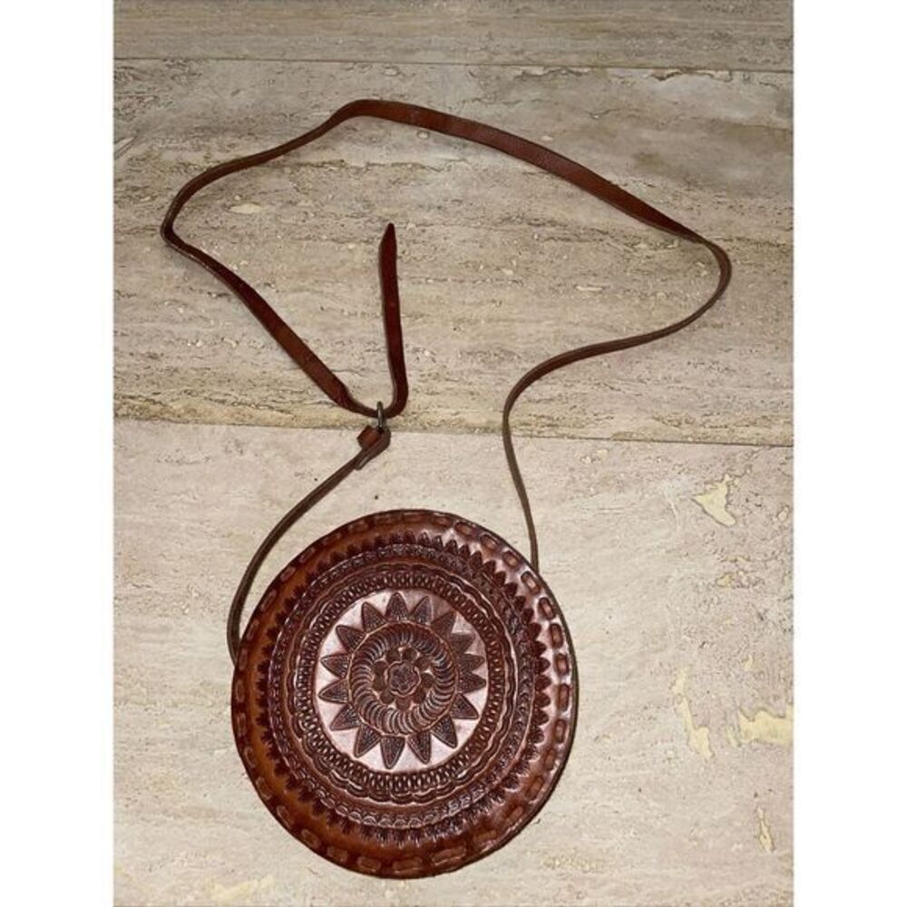 Leather‎ Crossbody Handbag Circular Hand Tooled Handmade Genuine Leather